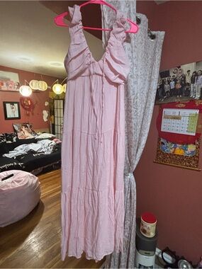 Women's Pink Maxi Sleepwear Sundress - Soft Tiered Nightgown